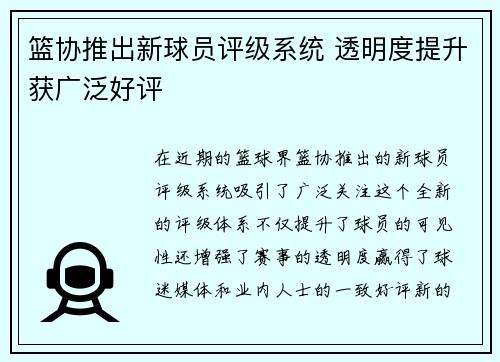 篮协推出新球员评级系统 透明度提升获广泛好评