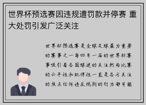 世界杯预选赛因违规遭罚款并停赛 重大处罚引发广泛关注 世界杯预选赛因违规遭罚款并停赛 重大处罚引发广泛关注